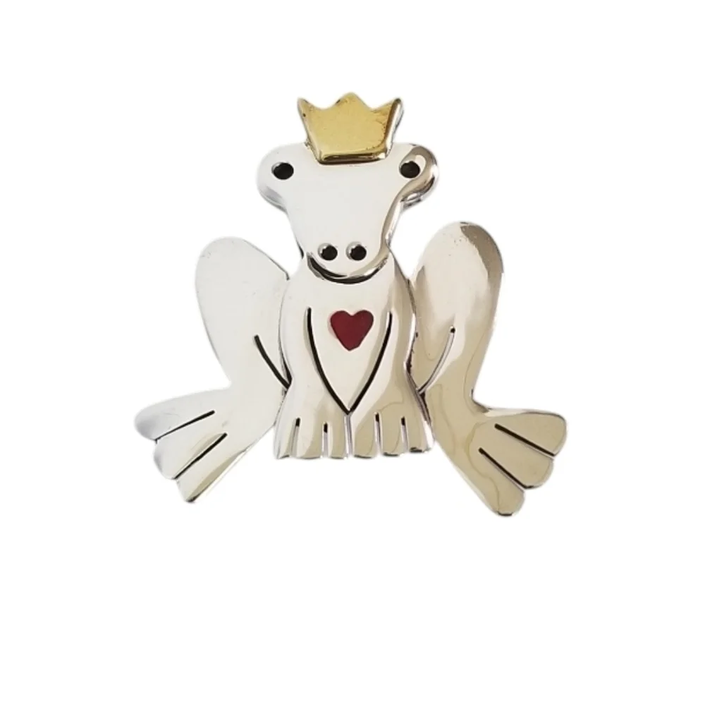 Vintage A&J Harvey Sterling Silver Frog Prince Brooch Brass Crown Enameled Heart